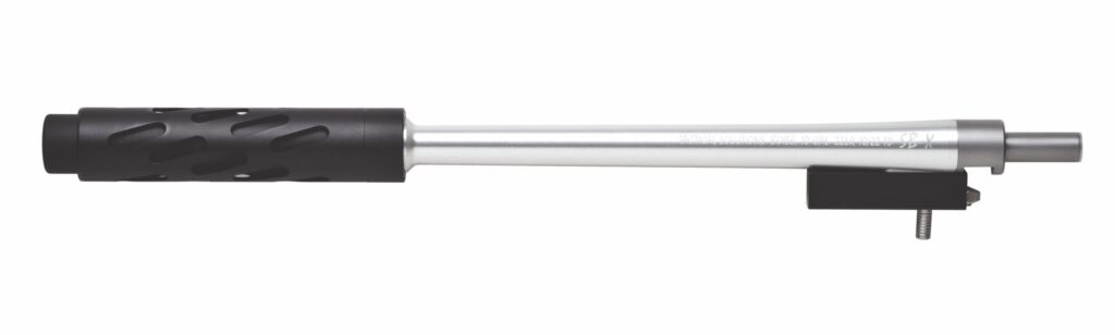 Front left product photo of a 10/22 Takedown SB-X Barrel. Silver color.