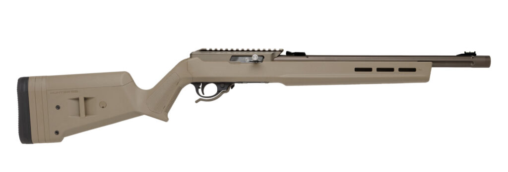 Product image of the right side of the MATTE OLIVE DRAB X-RING RIFLE / MAGPUL HUNTER STOCK / FDE Open Sights
