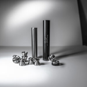 Cinematic product image of the components within the AXIOM Premium Rimfire Suppressor.