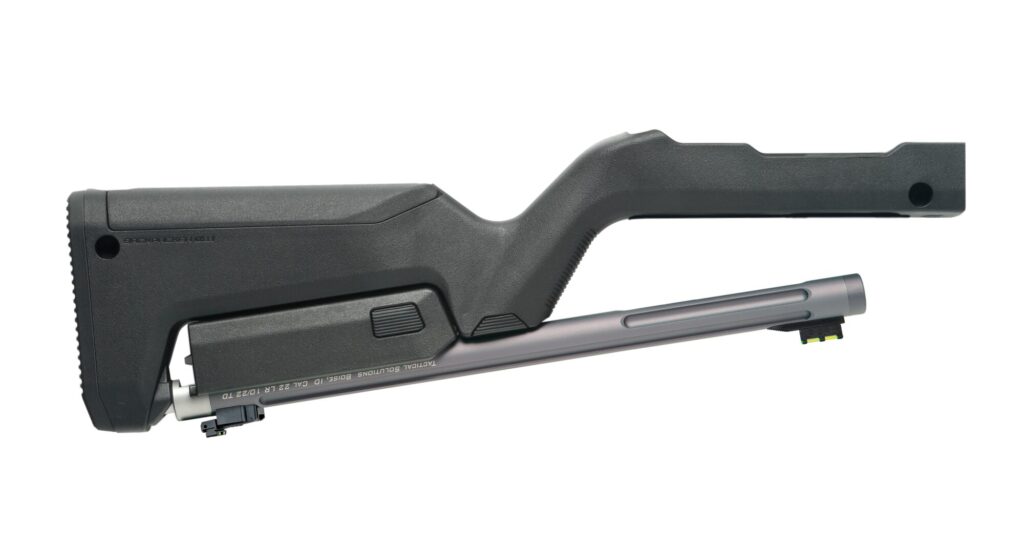 Left side product view of the GUN METAL GRAY X-RING TAKEDOWN BARREL W/ MAGPUL® X-22 BACKPACKER STOCK / BLACK.
