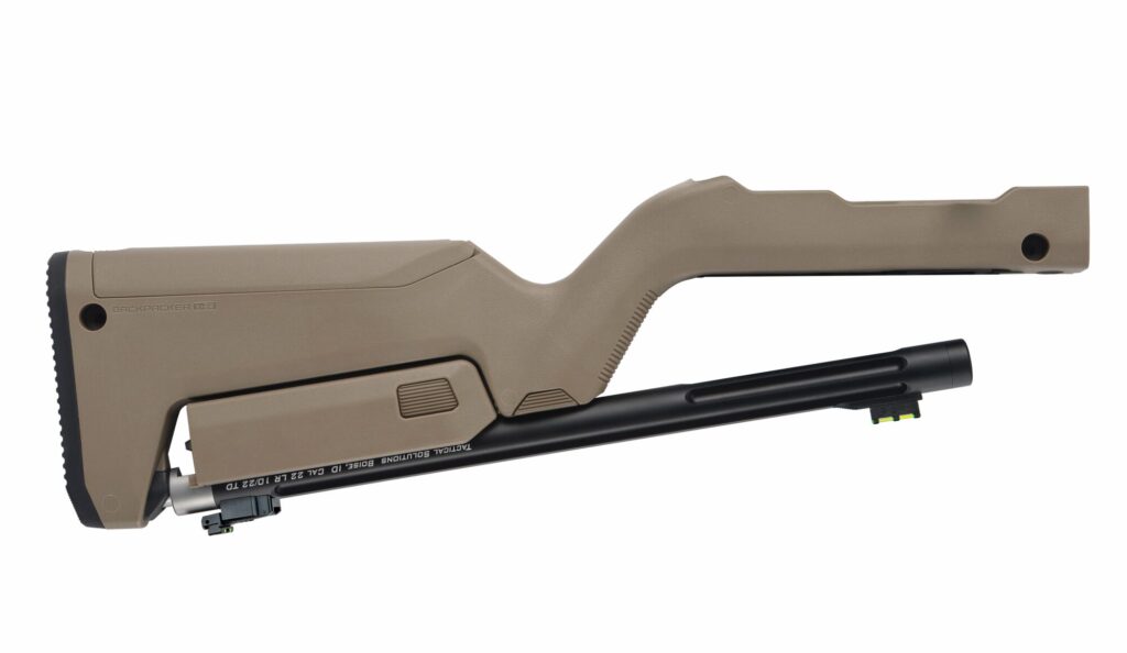 Left side product view of the MATTE BLACK X-RING TAKEDOWN BARREL W/ MAGPUL® X-22 BACKPACKER STOCK / FDE.