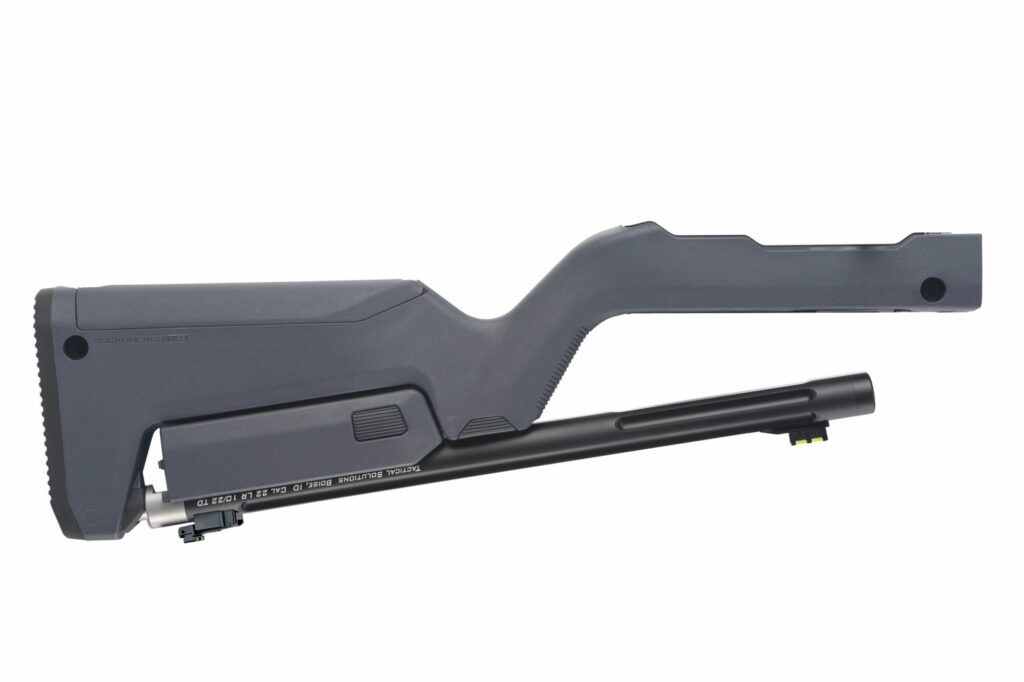 Left side product view of the MATTE BLACK X-RING TAKEDOWN BARREL W/ MAGPUL® X-22 BACKPACKER STOCK / STEALTH GRAY.