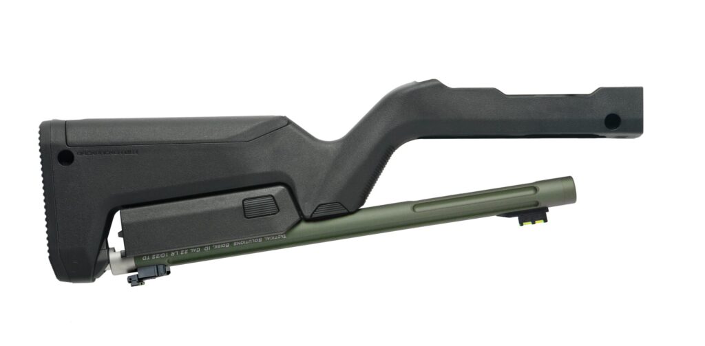 Left side product view of the MATTE OLIVE DRAB X-RING TAKEDOWN BARREL W/ MAGPUL® X-22 BACKPACKER STOCK / BLACK.