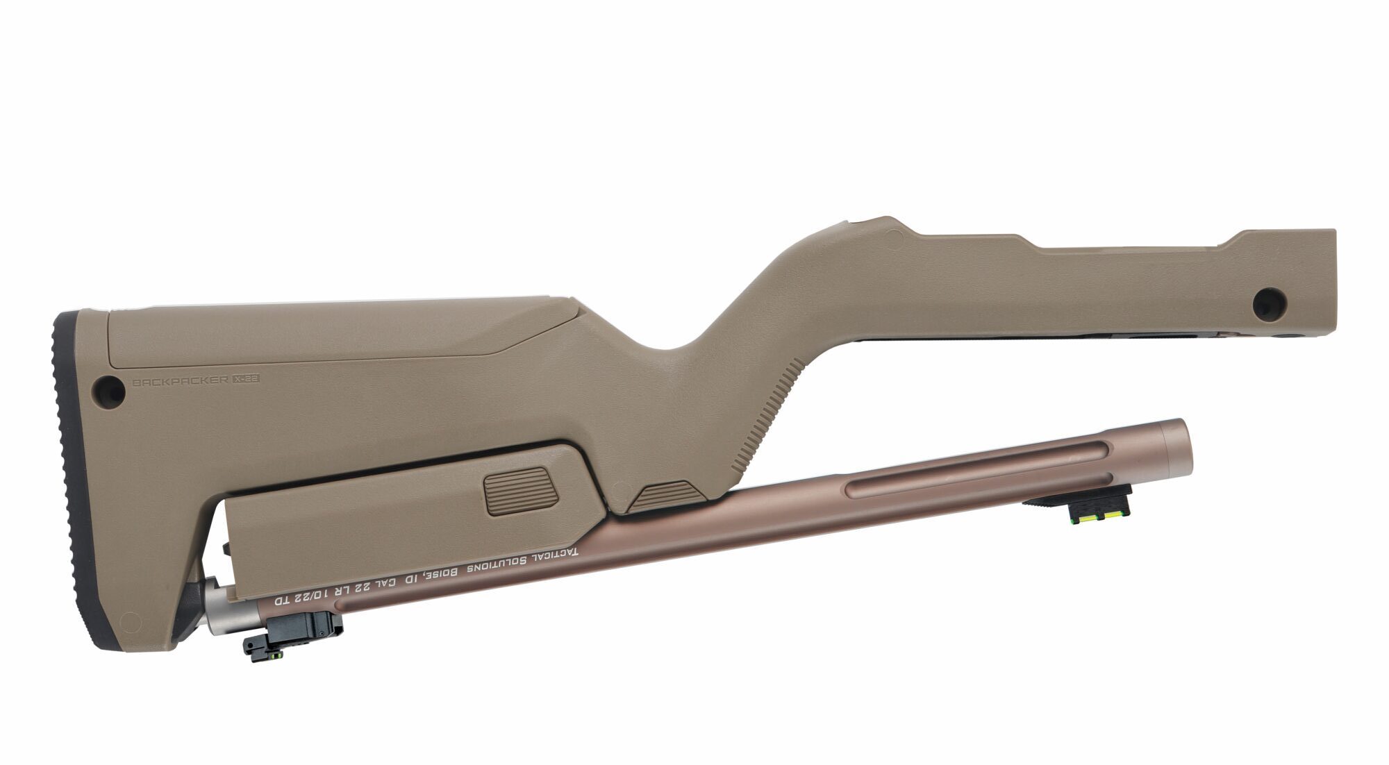 Left side product view of the QUICKSAND X-RING TAKEDOWN BARREL W/ MAGPUL® X-22 BACKPACKER STOCK / FLAT DARK EARTH.
