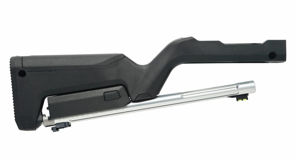 Right side product view of the SILVER X-RING TAKEDOWN BARREL W/ MAGPUL® X-22 BACKPACKER STOCK / BLACK.