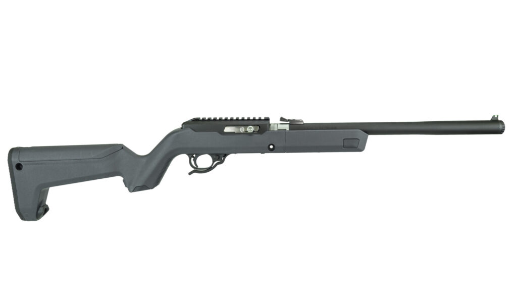 Product image of the right side of the MATTE BLACK INTEGRALLY SUPPRESSED X-RING TAKEDOWN RIFLE / HUNTER STOCK / STEALTH GRAY