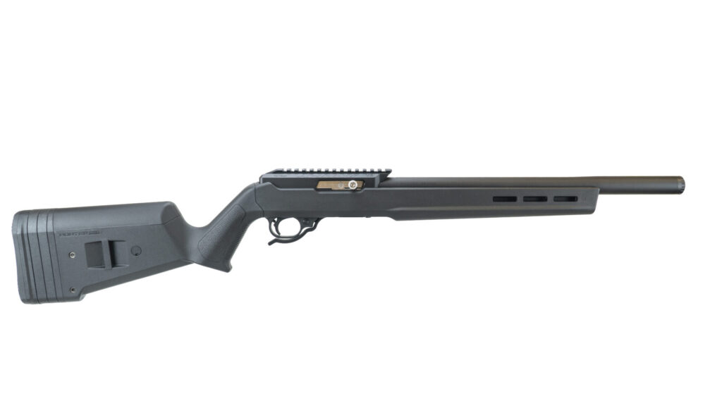 Product image of the right side of the MATTE BLACK INTEGRALLY SUPPRESSED X-RING RIFLE / HUNTER STOCK / BLACK