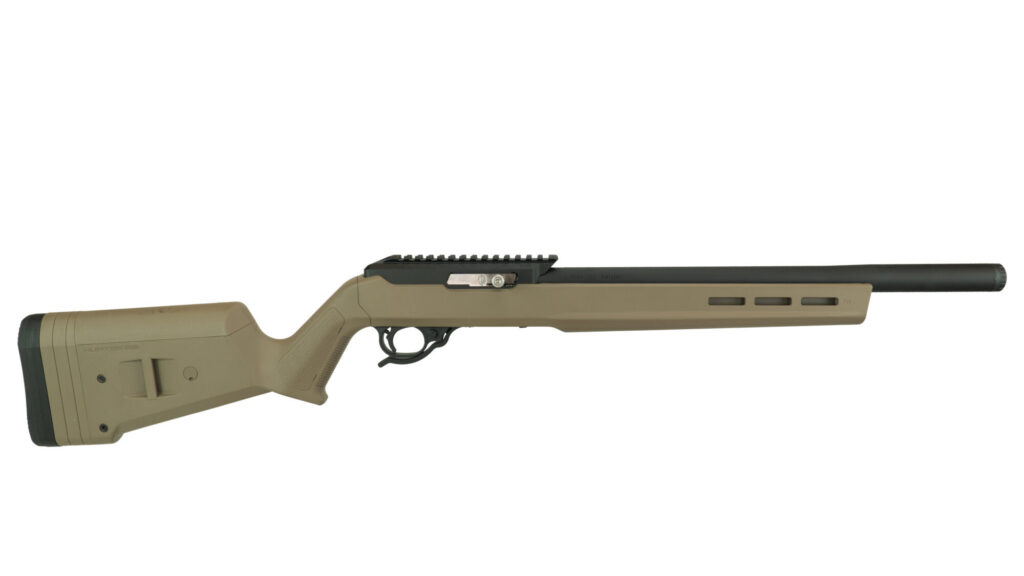 Product image of the right side of the MATTE BLACK INTEGRALLY SUPPRESSED X-RING RIFLE / HUNTER STOCK / FDE