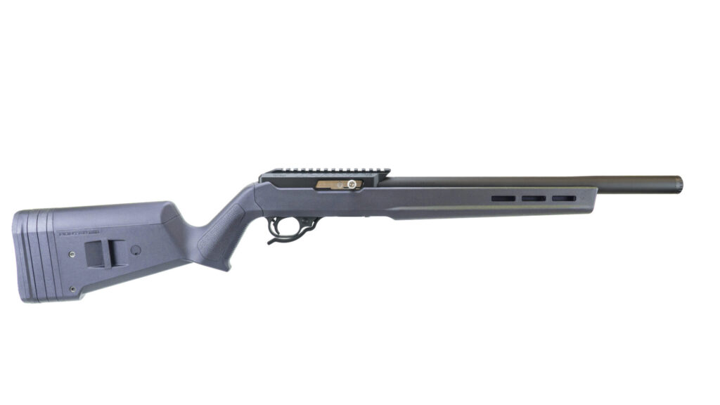 Product image of the right side of the MATTE BLACK INTEGRALLY SUPPRESSED X-RING RIFLE / HUNTER STOCK / STEALTH GRAY
