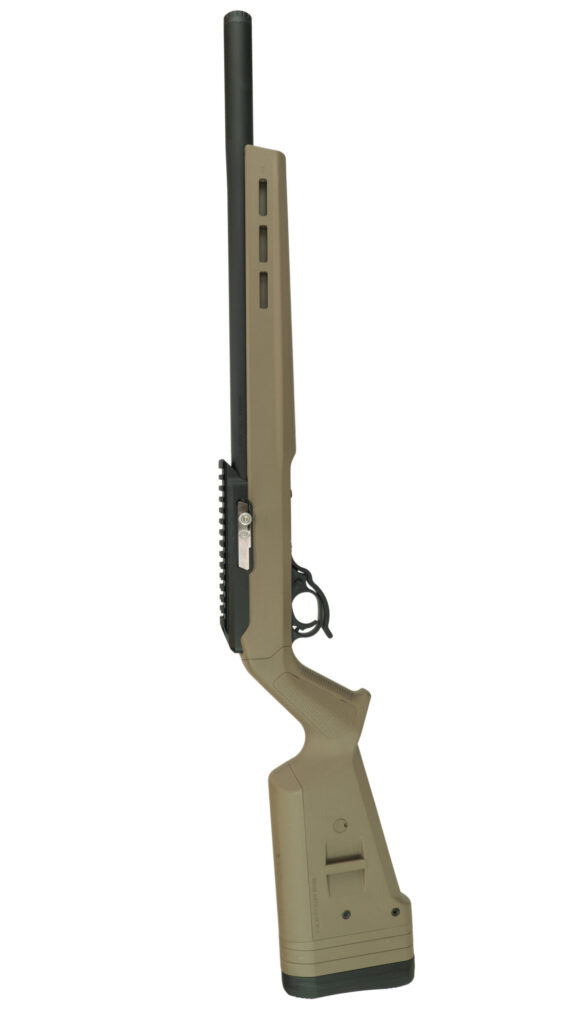 Vertical product image of the MATTE BLACK INTEGRALLY SUPPRESSED X-RING RIFLE / HUNTER STOCK / FDE