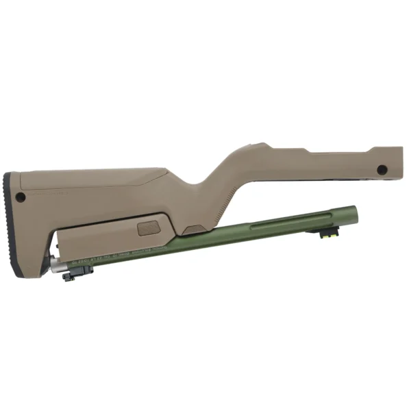 Product image of the olive drab green barrel with the quicksand magpul backpacker stock.